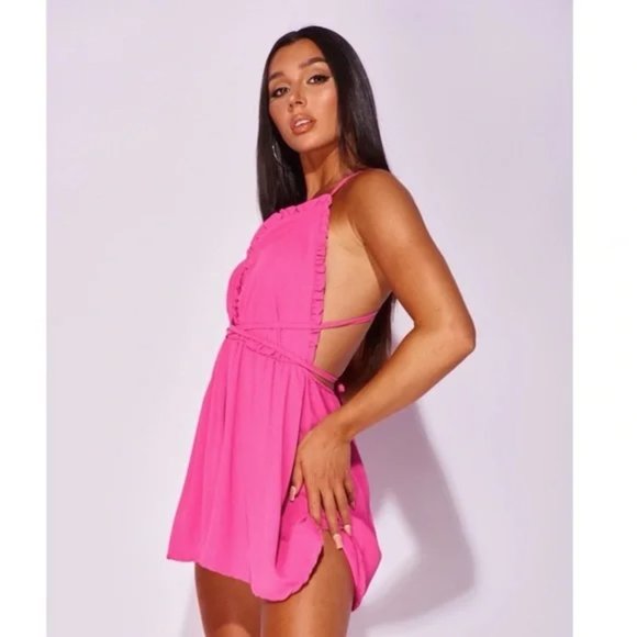 Pink Sleeveless V-Neck Backless Open Back Romper Playsuit - Picture 5 of 14